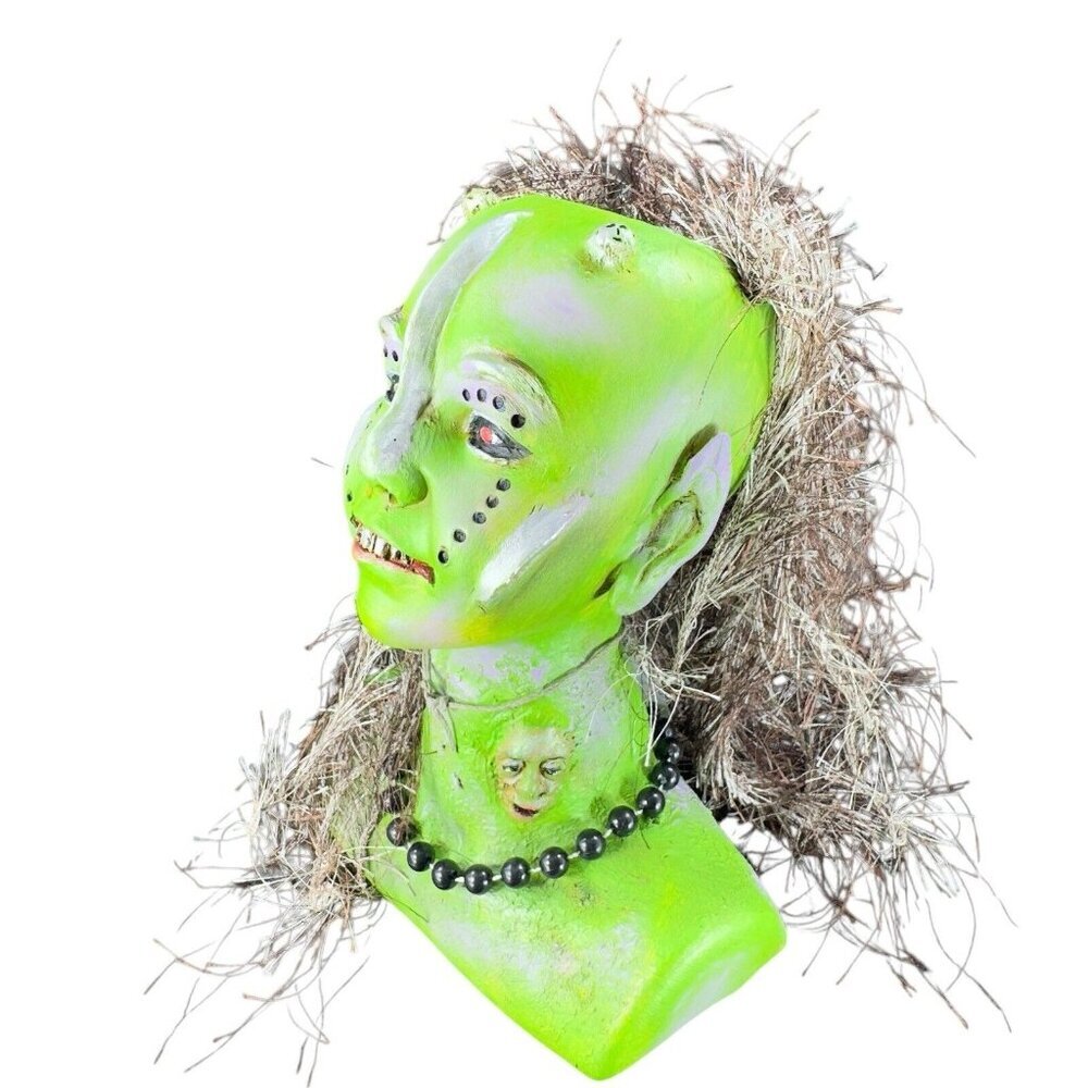 Hand Made Ceramic Vase Halloween Creepy Decor Figure Green Head Monster Spooky